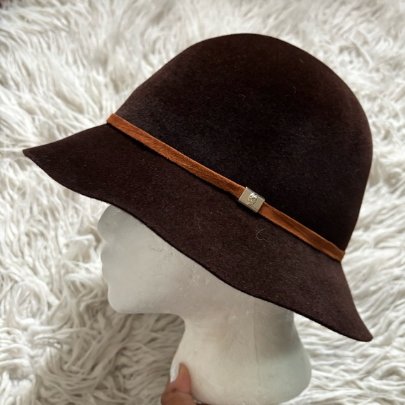 Helen Kaminski Australia Brown Leather Band Gold Accent Felt Bucket Hat EUC O/S